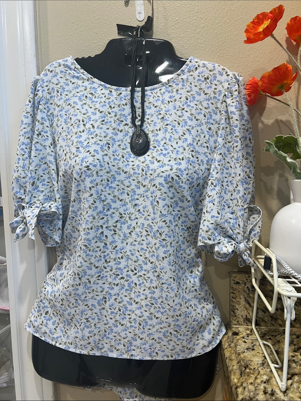 Dress Barn Light Blue Floral Tie-Sleeve Top